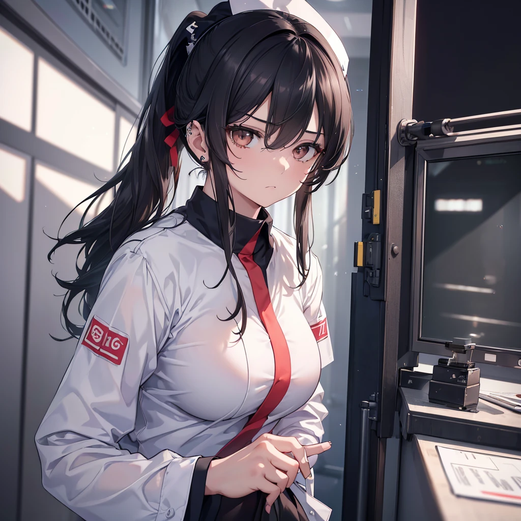 a nurse aide, ponytail with long dark hair, piercing gaze, and a stern expression, no cap, full body view, high resolution, detailed, anime-style illustration, beautiful black hair, almond-shaped eyes, brown eyes, looking down with an intense, psychotic demeanor, large breasts, no piercings, (best quality,4k,8k,highres,masterpiece:1.2),ultra-detailed,(realistic,photorealistic,photo-realistic:1.37),
