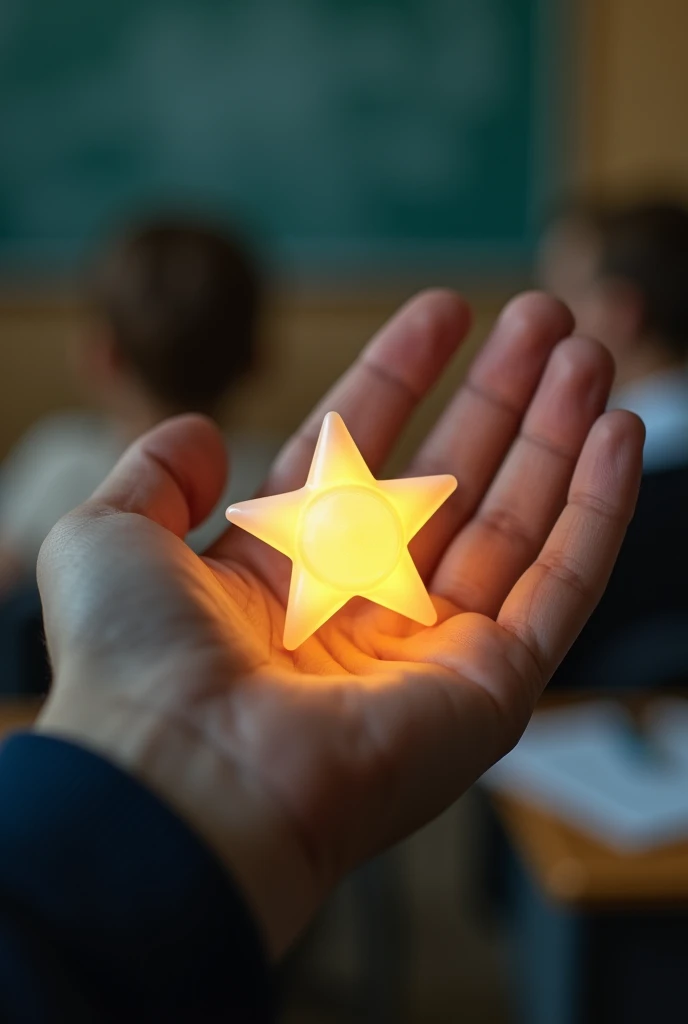 A close-up of a hand holding a glowing star, "SYMBOLIZING EXCELLENCE AND ACHIEVEMENT", with a subtle background of a classroom.*