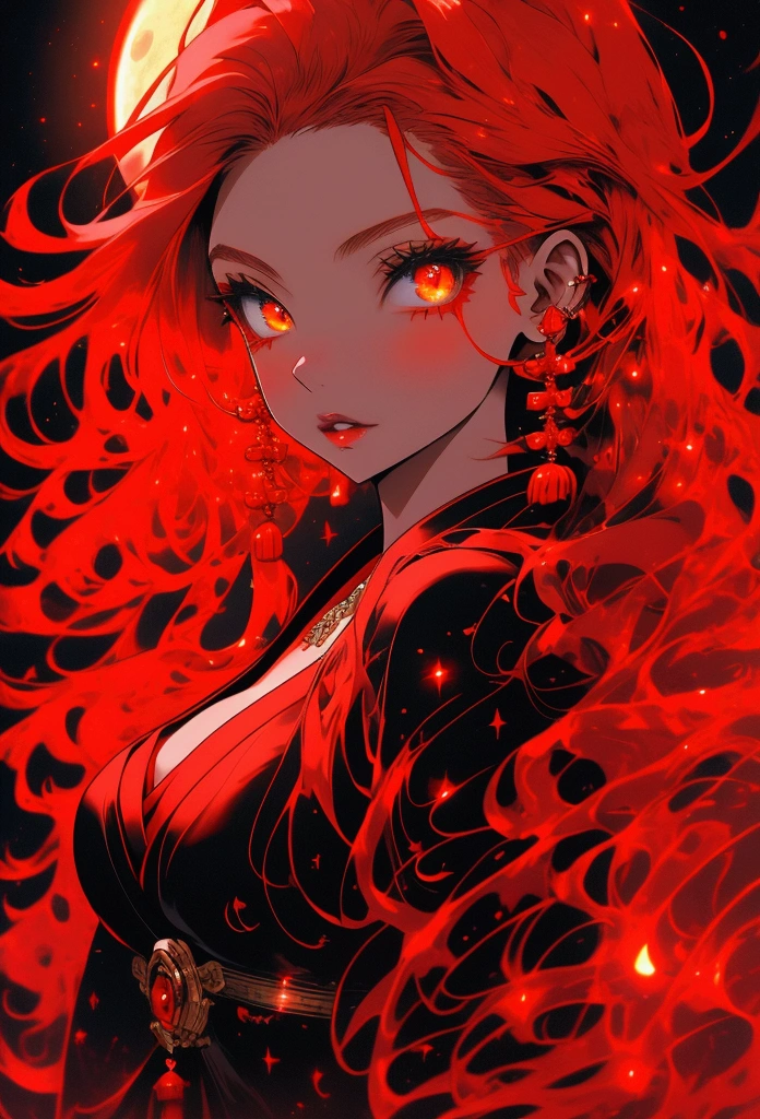Create a beautiful red night with a red moon, red hair, yellow eyes, young beautiful japanese girl, cleavage, busty,