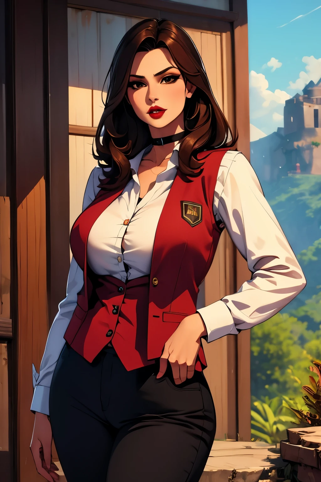 The woman, (((shirt, shirt, vest, best, pants))), Boots, Cuba in the background, jungle, Very detailed, Realistic long-term photography, 4k, by the wide, brown hair, By the chestnut, Red lips, choker, shocks, sexy,red lips, brown eyes, big breasts, big breasts, breasts, Lucia Auditore