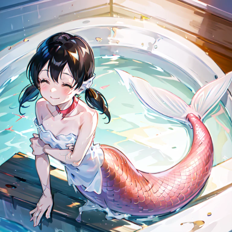 (1mermaid), mermaid tail below waistline, minamoto_shizuka, black hair, bangs, short twintails, bath, bathtub, smile, closed eyes, body covers with bath towel, comfortable,