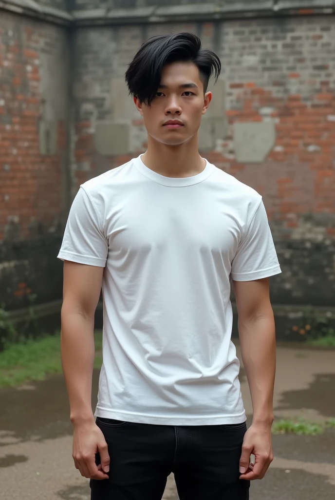 Teenager,Diamond face shape,Have muscles,Black drop cut hairstyle,Thai person,black pants,white t-shirt,Standing in front of the city wall