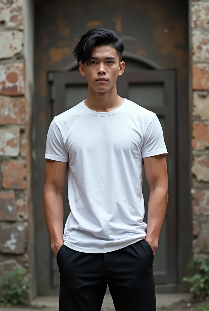 Teenager,Diamond face shape,Have muscles,Black drop cut hairstyle,Thai person,black pants,white t-shirt,Standing in front of the city wall