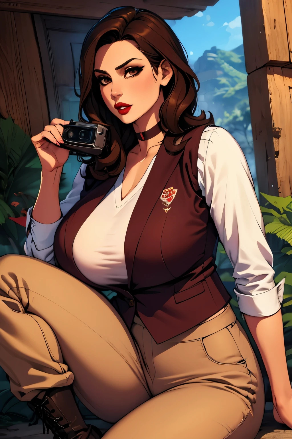 The woman, (((shirt, shirt, vest, best, pants))), Boots, Cuba in the background, jungle, Very detailed, Realistic long-term photography, 4k, by the wide, brown hair, By the chestnut, Red lips, choker, shocks, sexy,red lips, brown eyes, big breasts, big breasts, breasts, Lucia Auditore