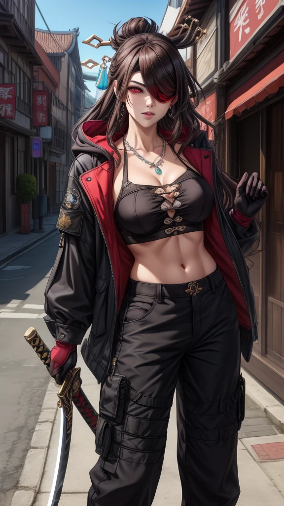 woman character, sweatpants, black hoodie (jewelry, headbands: 1.1, asian style), blindfold patch(pirate eye), Beidou LoRa, no more characters (extremely detailed CG unity 4k wallpaper ). Camouflage military pants,wearing black techwear jacket and trousers with buckle and tape, ((a crystal necklace)), holding one katana, long_hair, red_eyes, fingerless_gloves, hair_adornment, medium breasts, not cleavage, hair_stick, brown_hair, hairpin, black_gloves, casual street clothes, comfortable clothes.