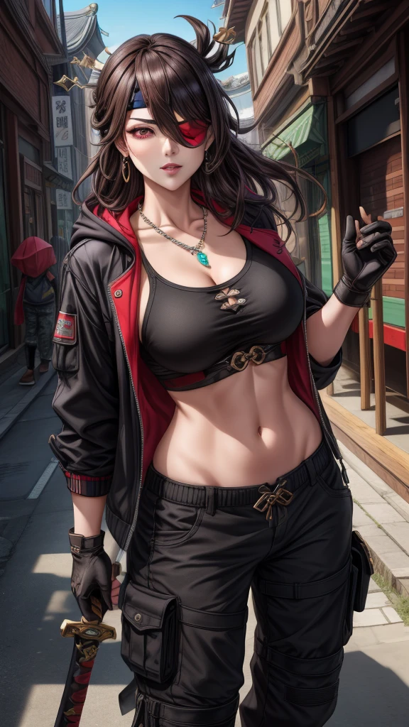 woman character, sweatpants, black hoodie (jewelry, headbands: 1.1, asian style), blindfold patch(pirate eye), Beidou LoRa, no more characters (extremely detailed CG unity 4k wallpaper ). Camouflage military pants,wearing black techwear jacket and trousers with buckle and tape, ((a crystal necklace)), holding one katana, long_hair, red_eyes, fingerless_gloves, hair_adornment, medium breasts, not cleavage, hair_stick, brown_hair, hairpin, black_gloves, casual street clothes, comfortable clothes.