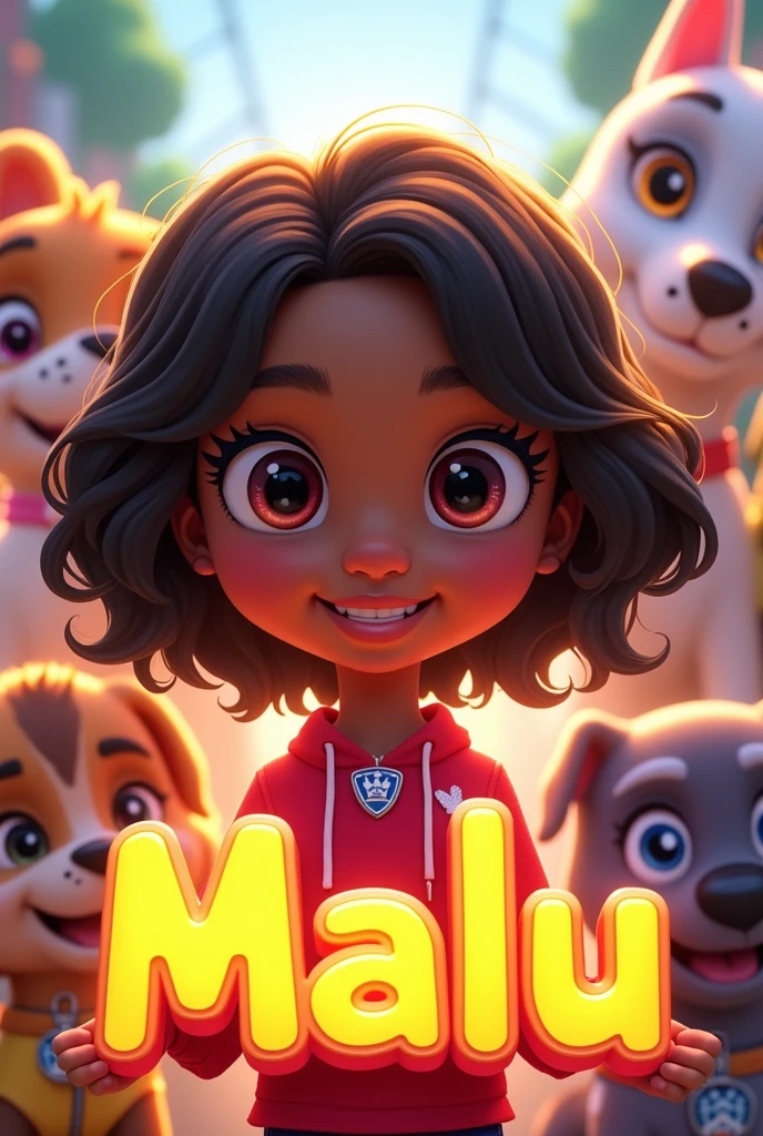A digital illustration of a Black Brazilian girl with radiant eyes, beautiful wavy hair, and a prominent forehead, in anime style. Her dark skin glows under soft, warm light as she stands joyfully among the Paw Patrol characters. The name "MALU" is displayed in bold, oversized 3D letters, with a shiny, colorful finish that pops from the image. Bright and lively background