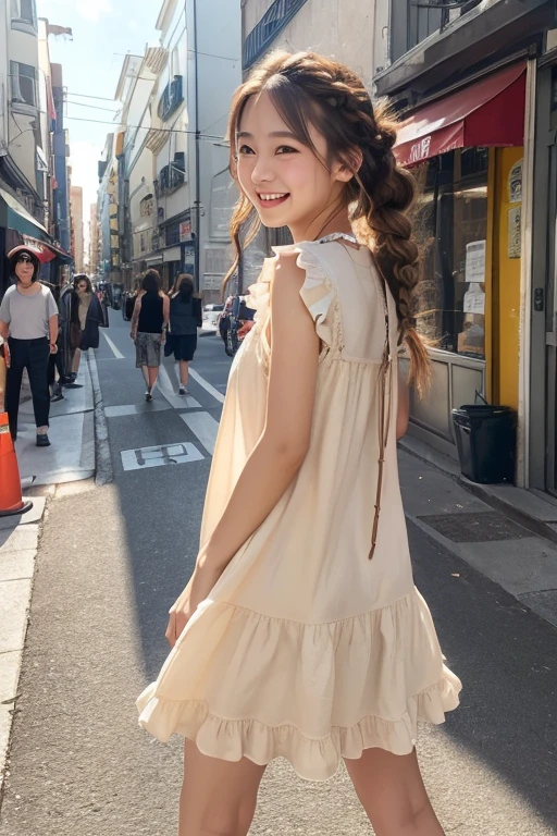 (((masterpiece))), ((photo realistic:1.55)), full body, Japanese girl,,((broad jawline)),puffy face, twin braids, light brown hair,((messy hair)),Tiered mini dress, laugh out, street, from bottom