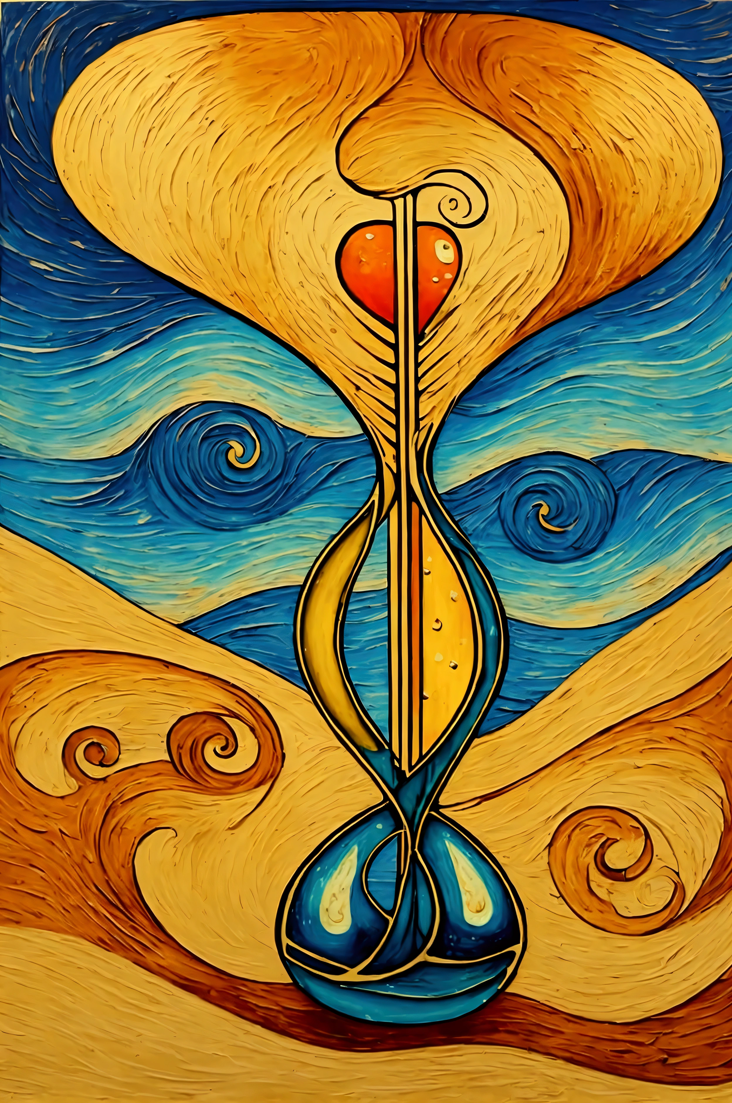 Represent an hourglass with the sand flowing inside, in a style similar to that of the painter van gogh, with bright orange-yellow colors