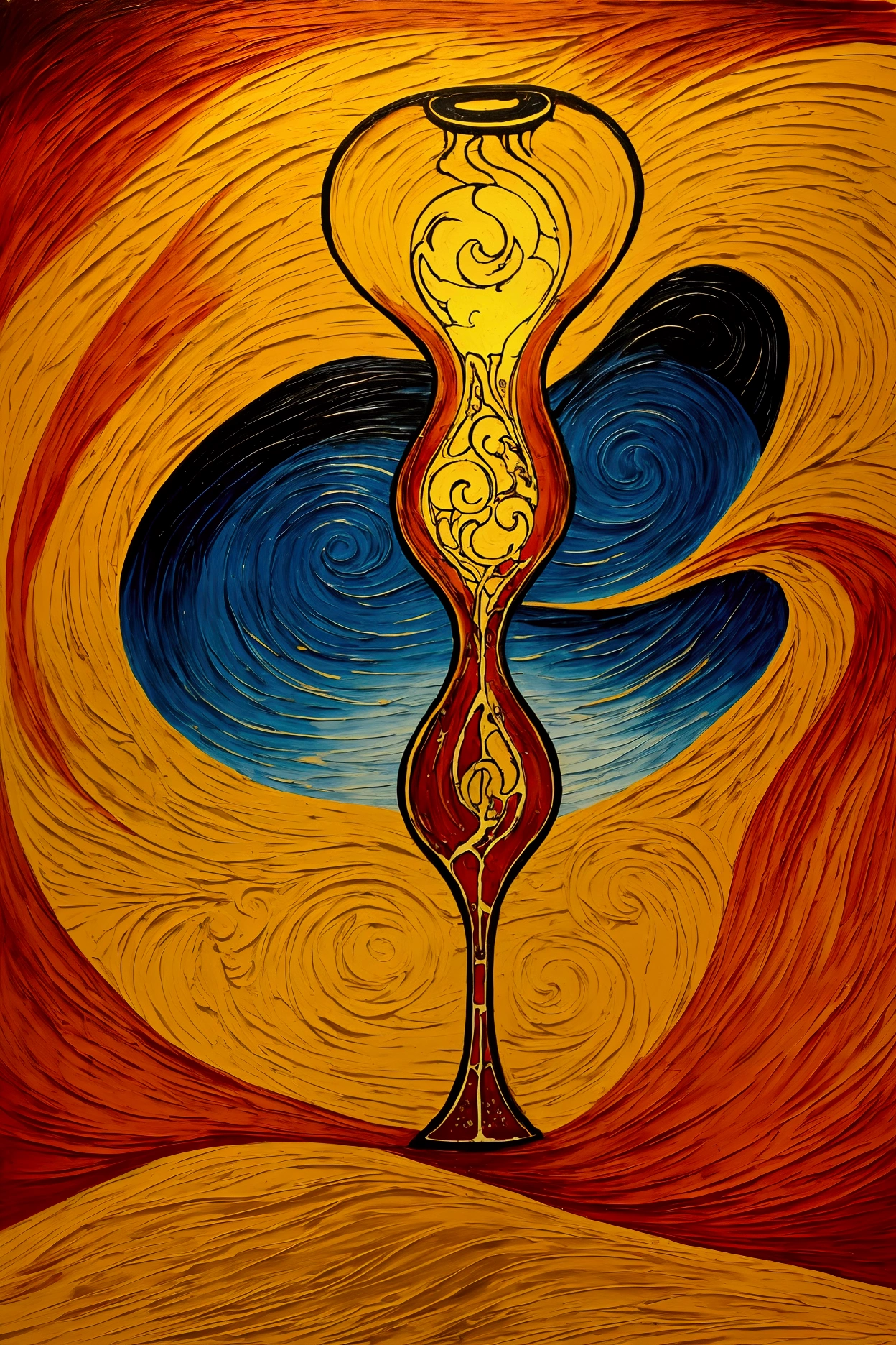 Represent an hourglass with the sand flowing inside, in a style similar to that of the painter van gogh, with bright orange-yellow colors