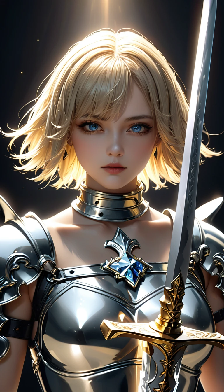 beautiful Joan of Arc,  with very short messy boyish blonde hair, gold piercing gaze, glamorous proportions, wearing armor and sacred sword that are works of sculptural art carved from pearl platinum crystal, background wide variety punks, (ultra detailed, absolutely resolution, best quality:1.3), 2.5D, delicate and dynamic effects, lighting effects, artistic, hyper, graphic CG digital art