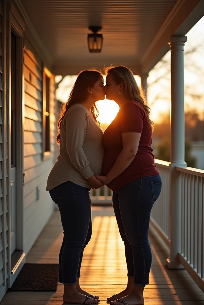 Pov your eye view when the plus size American pregnant mother and her lesbian partner kiss on the porch. fisheye camera view, iphone camera style. 8k hd, realface, cinematic. High detail