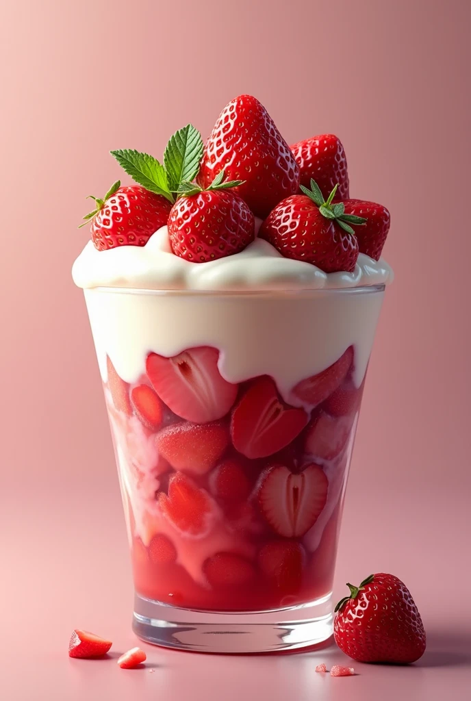 I want a big glass of strawberries with cream that looks appetizing and delicious