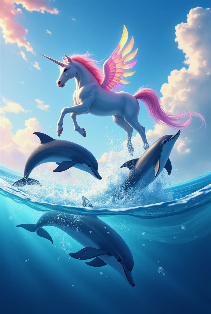 Dolphins in the sea jumping and a colorful flying unicorn