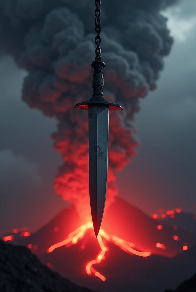 A knife held by chains and as the sky darkens with red with the summary of an erupting volcano