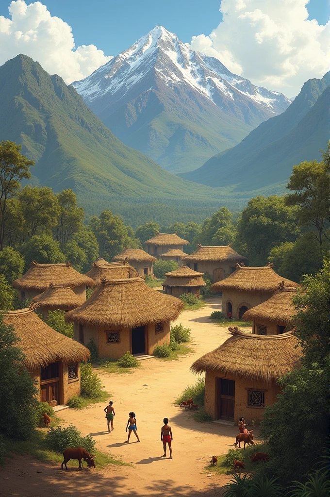 Please generate a landscape of the municipality of Arcabuco Boyacá as it was in pre-Columbian times, muisca chibcha culture, mountains, adobe huts,straw roofs