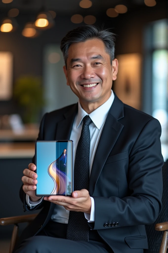 Filipino sales person holding a samsung z fold6 sitting with confidence and smile. Please make this in size view and landscape