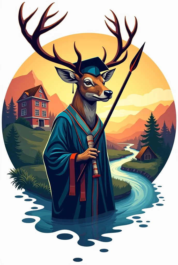 Make a logo that has ,a human with a deer head holding a spear that the deer has no clothing, a graduation hat and a diploma and a school in the background and a river and a hut, that the logo is completely circular ,Eye-catching and with beautiful colors to sublimate
