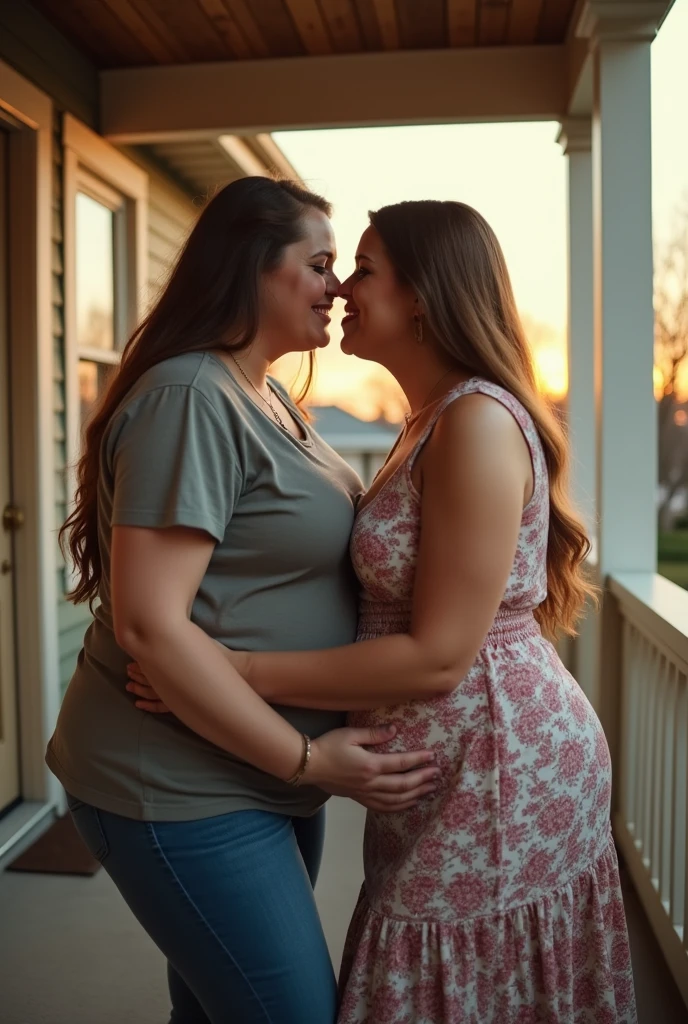 Pov your eye view when the plus size American pregnant mother and her lesbian partner kiss on the porch. fisheye camera view, iphone camera style. 8k hd, realface, cinematic. High detail