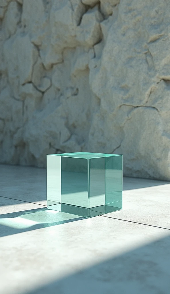 "Generates an image showing a stone textured background wall, highlighting the irregular and natural details of the stone. The floor must be smooth and uniform., contrasting with the texture of the wall. on the floor, place a simple glass cube, transparent and geometrically precise, that reflects light subtly and shows the details of the environment through its faces."