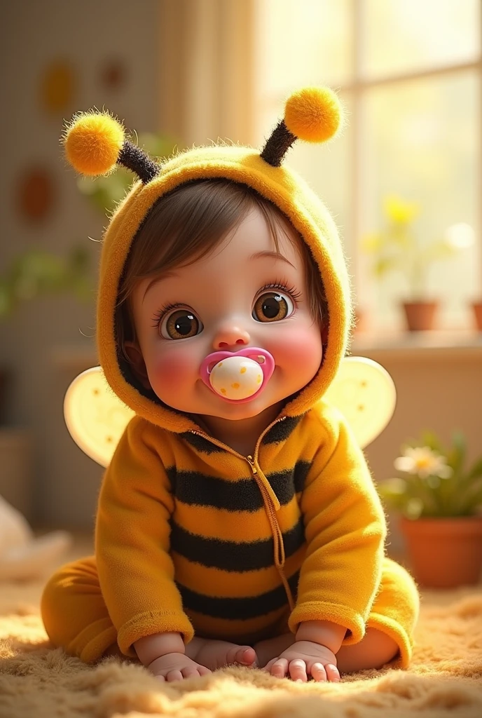  dressed as a bee with a pink pacifier 