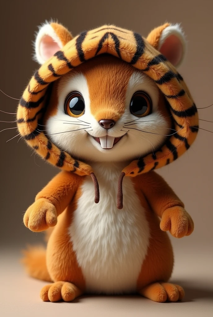 Brown male squirrel doll with a brown tiger-design hood and two protruding teeth