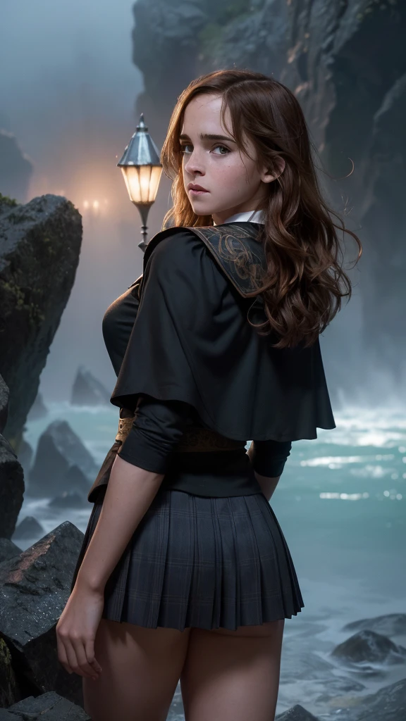 An illustrated movie poster, hand-drawn, full color,(Emma Watson:V2.1 ),( a teenage Hogwarts student:1.4) ,(Camisa blanca corbata y chaleco) , (falda student corto plomo :1.4), (hogwarts school uniform:1.4), 18-years-old, female, wearing a charcoal vest and a pleated skirt, athletic hourglass figure, full wide hips, massive round butt, long shapely legs, ridiculously thick powerful thighs, vibrant eyes, deep dark auburn hair, thick shaggy bangs, flushed sun-kissed complexion, freckles, resembles Genevieve O'Reilly, standing in a foggy Hogwarts courtyard, surrounded by mist, graphite shading, stencil marks, airbrushed acrylic paint, masterpiece, close-up shot, in the style of the Deathly Hallows, high quality, (RAW photo, best quality), (realistic, photorealistic: 1.4), (extremely delicate and beautiful: 1.4), amazing, fine details, masterpiece, ultra detailed, high resolution, best illustration, best shadow, intricate, ( extremely intricate: 1.2), (exquisitely detailed skin), cinematic light, perfect anatomy, (cool color: 1.4), sharp focus, 8k UHD, DSLR, (Fujifilm XT3),(iluminación cinematográfica :1.4),( Hermione Granger:1.4), (Emma Watson: V2.1), (ojos de Emma Watson:1.5), (hogwarts school uniform:V2.1),( pose americano :1.4), (estilo cinematográfico :1.4), (efectos cinematográfico :1.4), (colores cinematográfico), (beautiful landscape with colorful sea rocks, magical lighting, detailed hard ttiti, and boob milk:1.4 ), (partículas flotantes, agua mágica:1.4) 