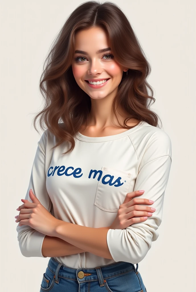 Create a realistic image of a young lady in a white shirt . That on the chest it is written in capital letters and blue : "CRECE MASS" in the right pocket. Also, the lady has her arms crossed . With wavy hair , Brown color. Also wear a smile. He stressed that he should wear a shirt 3/4