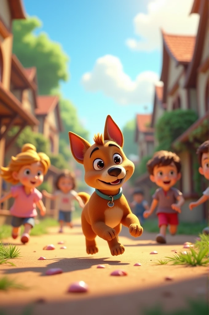 3D cartoon animation image
Prompt: "Tommy, the small dog, playing joyfully with a group of children in the village. The children are laughing and running around as Tommy chases them. The scene is filled with energy, with the village houses and trees in the background, and the sun shining brightly."