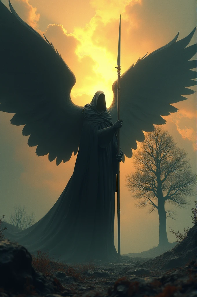 Create an ethereal digital work of art featuring an angel figure in a sinister black robe with wings holding a staff with a long, sharp blade at the end, on one side and a majestic tree bathed in the light of sunrise/sunset on the other side against the backdrop of an illuminated cloudy sky. realistic, cinematic