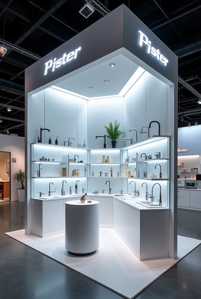 Trade fair stand for the Pfister tap brand with various tap items on display, show the front