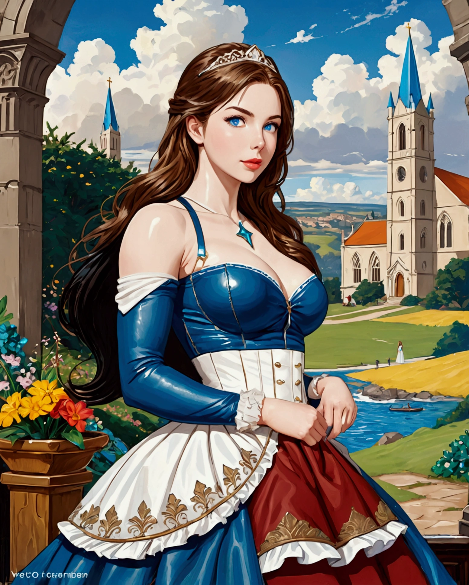 Young Beautiful Princess Bride (Black Hair Hour Glass Figure Jessica Green Adelaide Kane Molly Quinn Hyper Large Blue Eyes. BUFF TONED FIT Hyper MUSCULAR. . Hourglass Figure Large Bust Ultra-Realistic. ) And Prince Groom (Bearded Michael Seater) Smiling To Each Other Beautiful Church In The Background. Dickensian. Official Art Award Winning Digital Painting Digital Illustration Extreme Detail 4k Ultra Hd Rococo Polished Intricate Realistic Fantasy Art Sharp Focus Concept Art Art By Wlop Artgerm (2d Vector Illustration)