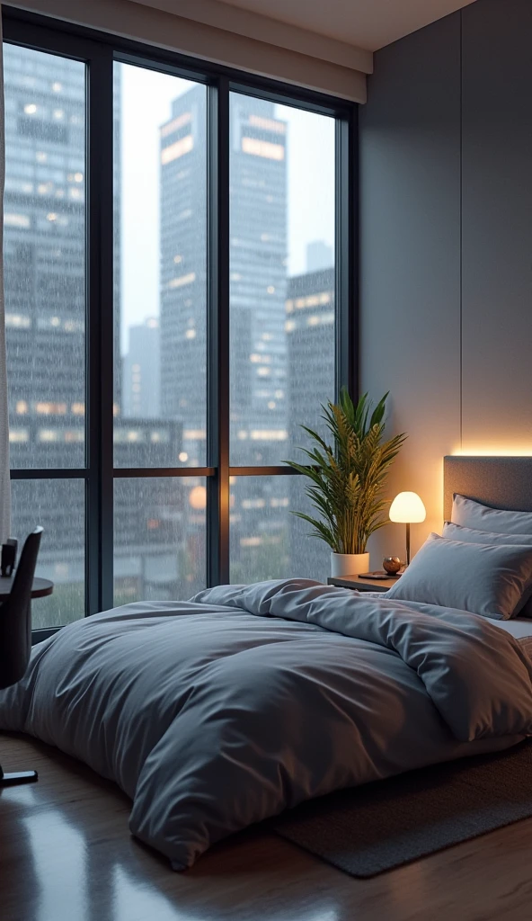 A sleek, modern room with large windows showing a rainy cityscape. Inside, a minimalist bed with a plush gray comforter, a small potted plant by the window, a laptop on a sleek desk, and soft ambient lighting create a serene and clean environment.