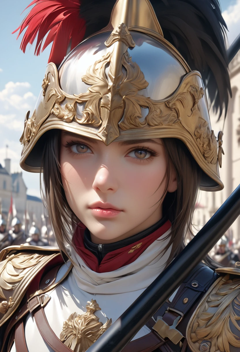 Cuirassiers, best quality, 4k, 8k, highres, (masterpiece:1.2), ultra-detailed, (photo realistic,:1.37), looking at viewer, (face close up:0.7),--no watch,