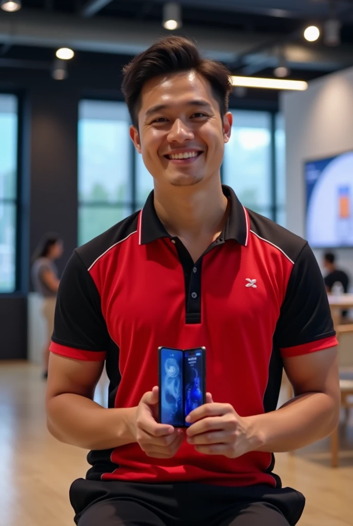 Filipino sales person wearing red and black polo shirt holding a samsung z fold6 sitting with confidence and smile. Please make this in size view and landscape