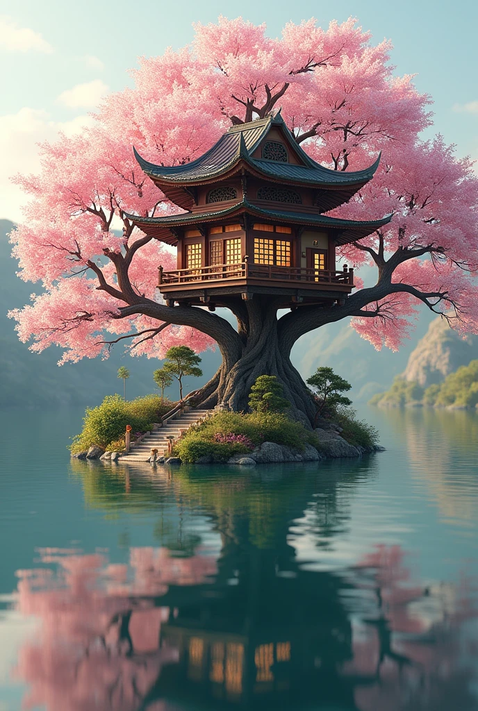 Two-story tree house shaped like a Japanese lantern in a Japanese cherry tree on the water