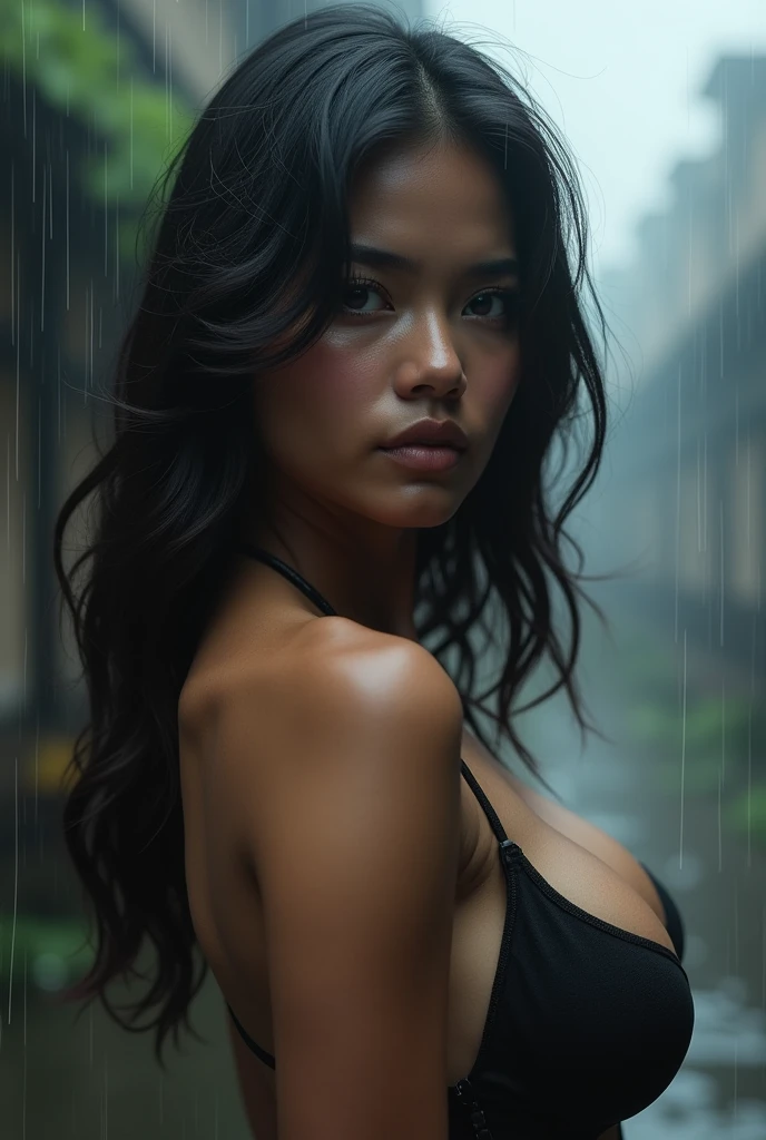 (photorealism:2.5), @Dawnwesker6896 as indonesia woman, beautiful, bustys, lartits, naturals, nude, bustyick bowhite seducing pose, facing viewer, looking to viewer,lllmm, close up, portrait, dynamic pose, foggy background, rainy abandoned city, (realistic:1.2), masterpiece, epic realism.