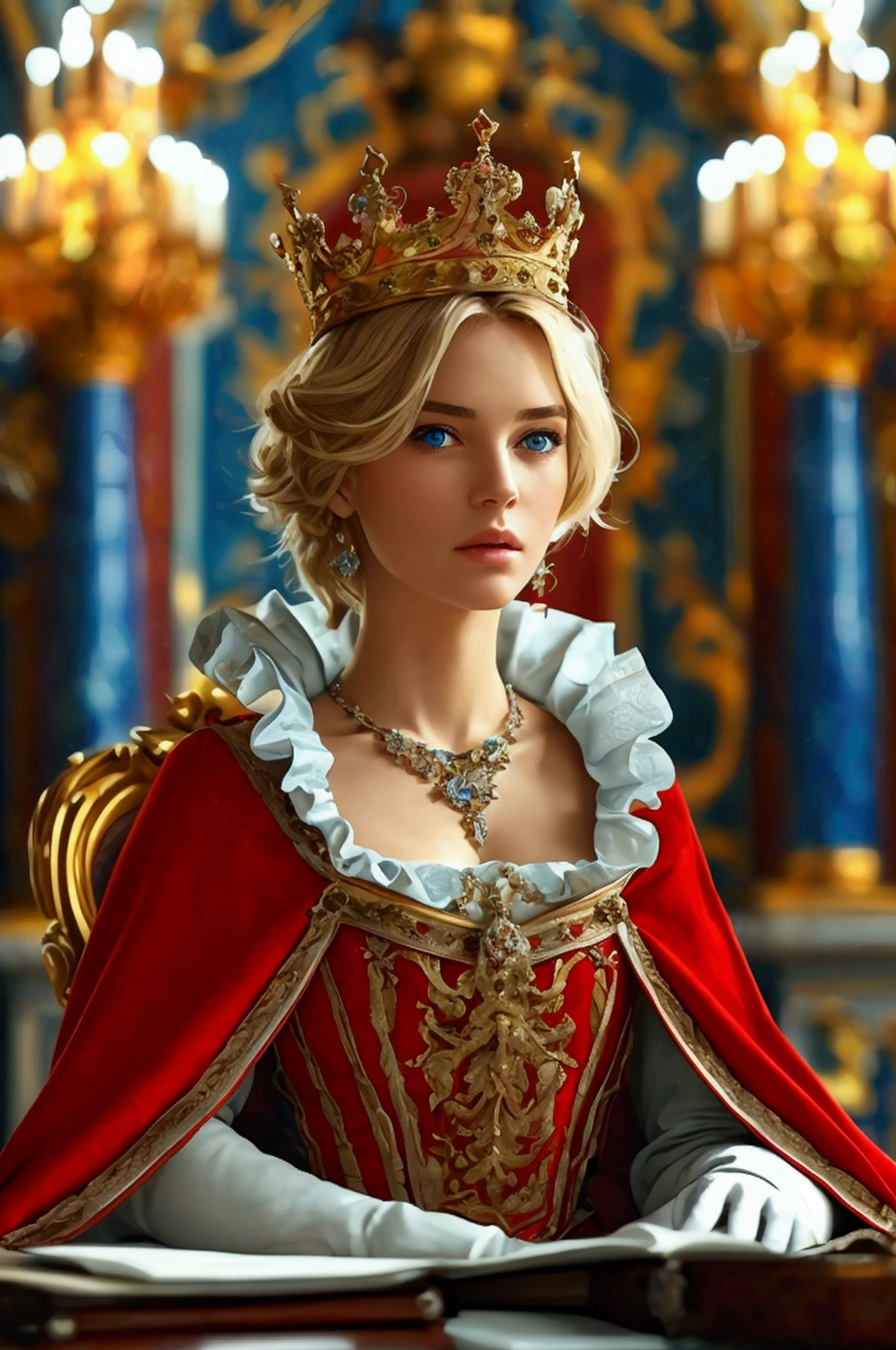 (Masterpiece: 1.2, Best Quality), Realistic, (Realistic Picture, Complex Details, Depth of Field), Best Quality, Masterpiece, Highly Detailed, Semi Realistic, 1 Girl, Mature Female, 2, Blond Hair, Shoulder length Short Hair, Left Eye Covered with Hair, Blue Eyes, King's Clothes, Red Cloak, Slim Figure, Crown Made of Precious Gold, Reading Documents, Marking Documents, Goose Hair Pen, Office Table, Soft Bench, Palace, In the palace, during the Middle Ages