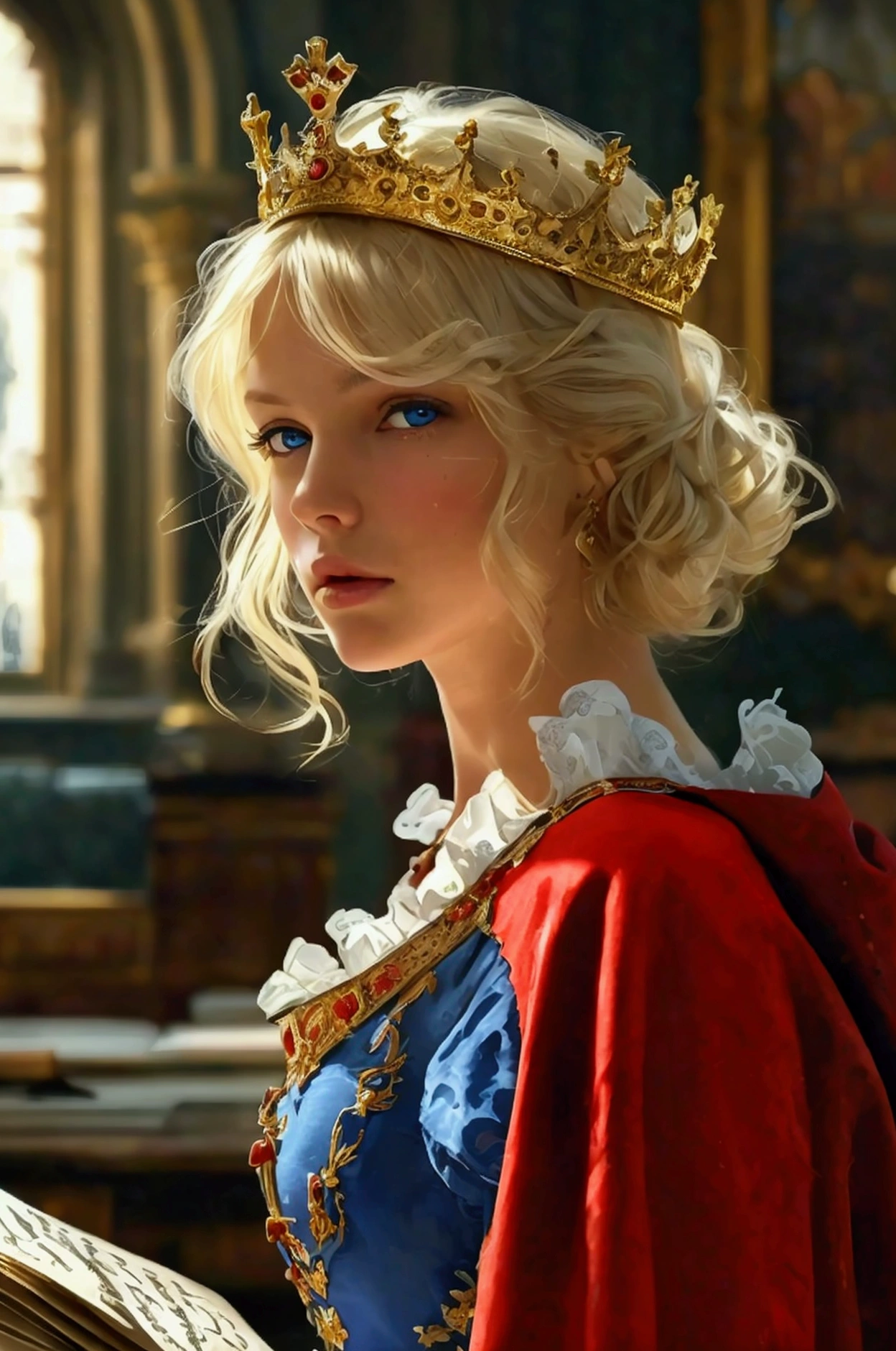 (masterpiece, top quality, highest quality, official art, beautiful and aesthetic: 1.2), ultra-detailed complex 3D rendering of face, various poses, ((Huge breasts: 2.4)), (exposure: 1.1), blue micro bikini, , Perfect figure: 1.4, Slim abs: 1.1, (1 girl), red cape lined with fur, detailed crown decorated with precious stones: 1.2), serious, cleavage, blonde, Brown skin, strong and detailed weapons