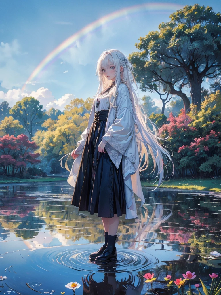 high quality, top quality,high resolution,1girl,solo,cute,white hair and long hair,after the rain, blue sky,rainbow in the sky,in park, puddle,wet flower