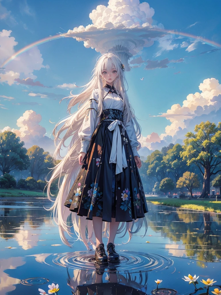 high quality, top quality,high resolution,1girl,solo,cute,white hair and long hair,after the rain, blue sky,rainbow in the sky,in park, puddle,wet flower