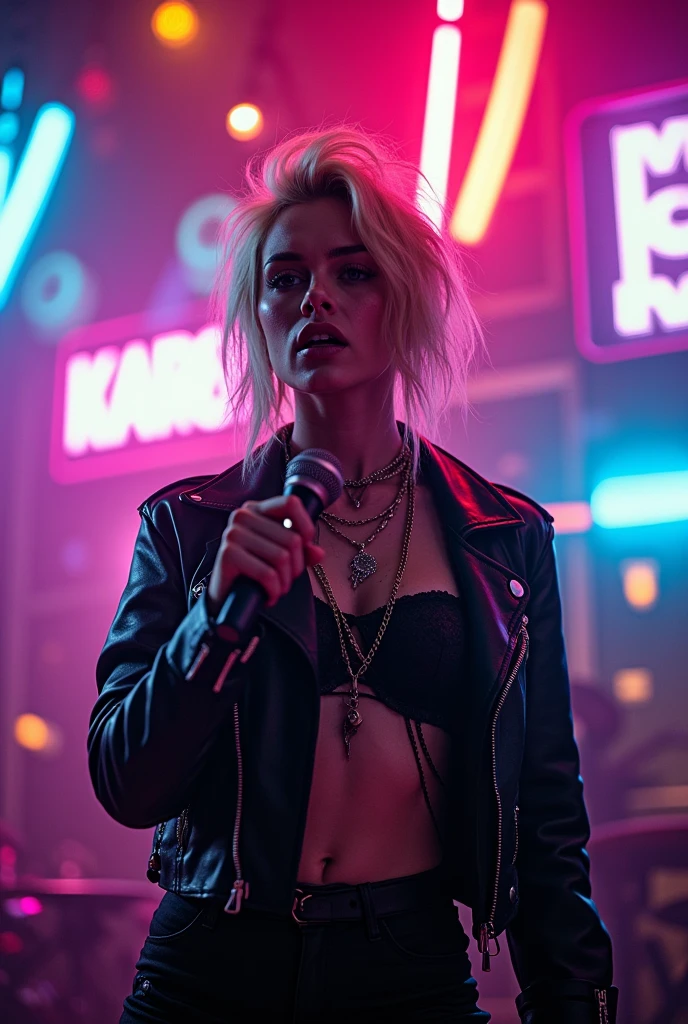 a punk girl with blonde hair, detailed face with scar, wearing gangster outfit, singing karaoke in a room with led lights, neon lights and disco lights, highly detailed, 8k, photorealistic, dramatic lighting, cinematic composition, moody atmosphere