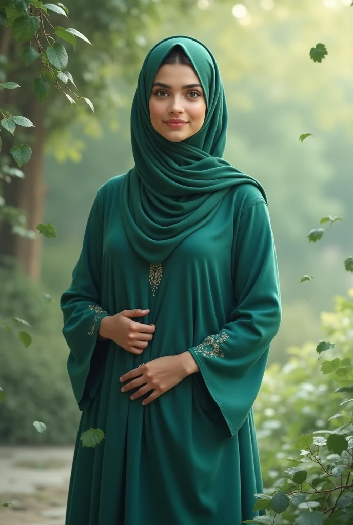 A graceful and beautiful woman wearing a flowing hijab stands in a serene setting. Her eyes are bright and expressive, conveying a sense of warmth and kindness. The hijab is elegantly draped around her face and shoulders, made of soft fabric in a rich, complementary color like deep emerald green or royal blue, adorned with subtle patterns. She wears a long, modest dress that flows gently to the ground, reflecting a sense of elegance and style. Her pose is relaxed yet confident, with one hand gently resting at her side and the other lightly touching the fabric of her hijab. The background is a soft, peaceful blend of nature, with a gentle breeze causing a few leaves to float around her, enhancing the calm and tranquil atmosphere. The overall image conveys a sense of beauty, confidence, and grace.