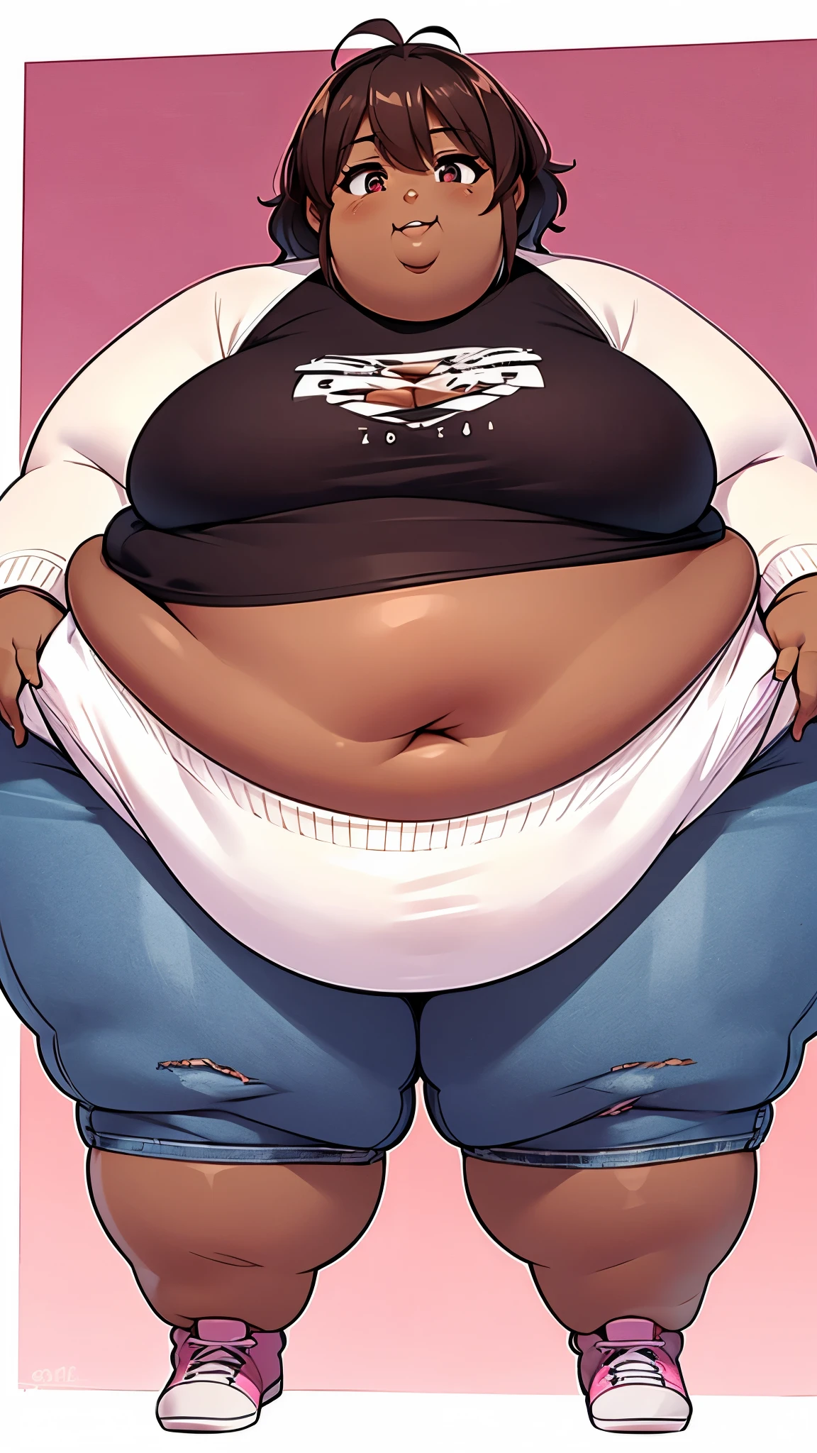 Extremely obese African-American woman, belly hanging, ((extremely obese)), belly sagging, wearing a pink crop top with long sleeves and loose jeans, (dark brown skin), fat blob, fat arms, fat face, fat limbs