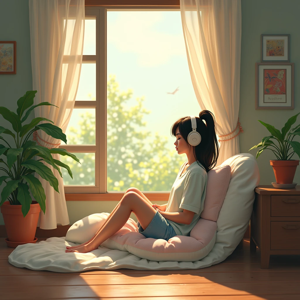Girl wearing headphones, Opening a window, Bedroom, Quiet atmosphere, Soft sunlight, Cozy atmosphere, Relaxing Music, Calm expression, close your eyes, Comfortable seats, Wooden floor, Floral curtains, Green plants, Natural wind, Calm atmosphere, Soft Light, Quiet environment, still, Harmony, Peace of mind, Deep relaxation, Calm colors, Positive Energy, Mindfulness, Lonely, Introspective, Inner journey, peaceful, Escape from the outside world、LOFI,
