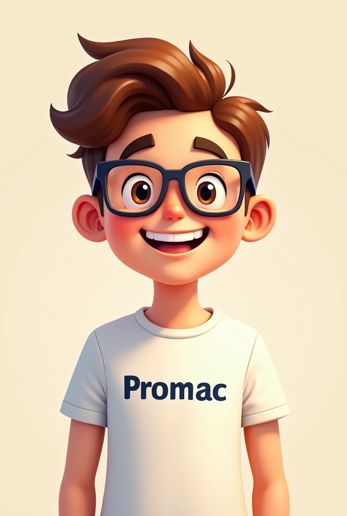 Create a happy and friendly avatar of a 20 year old boy with brown hair and glasses related to cement, wearing a shirt with promac written on it