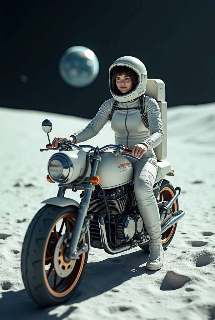 8k,The image features a cute astronote woman in a black and orange, future motorcycle suit, seated on a matching high-tech motorcycle. A beautiful young woman smily face ,from Brooklyn, dressed in a modern astronaut spacesuit, riding a future designe motorcycle on the surface of the bright color Moon. The Moon's surface is brightly illuminated by the sunlight, creating a stark, bright environment. In the distance, Earth can be seen, floating against the blackness of space. The woman is wearing a sleek, futuristic spacesuit with a helmet, her expression still cool and composed. The motorcycle retains its vintage design, creating a striking contrast between the retro bike and the futuristic lunar setting.