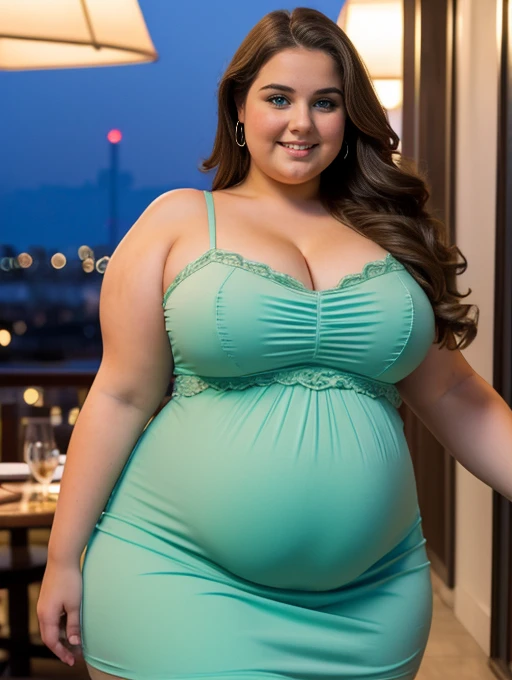 A really fat adorable cute obese ussbbw young north european brunette fat girl, with very kind feminine beautiful face, long wavy beautiful hair, blue eyes huge bloated soft obese belly hanging, very wide hips and obese wide thighs, huge fat booty, fat arms, smiling in a tight beautiful green dress in a fancy restaurant at night