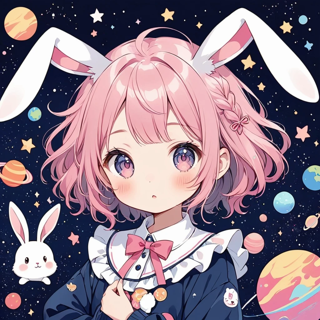 A rabbit 　Takafu Murakami　pop　cute　Line art　The background is space　pink　Add navy blue