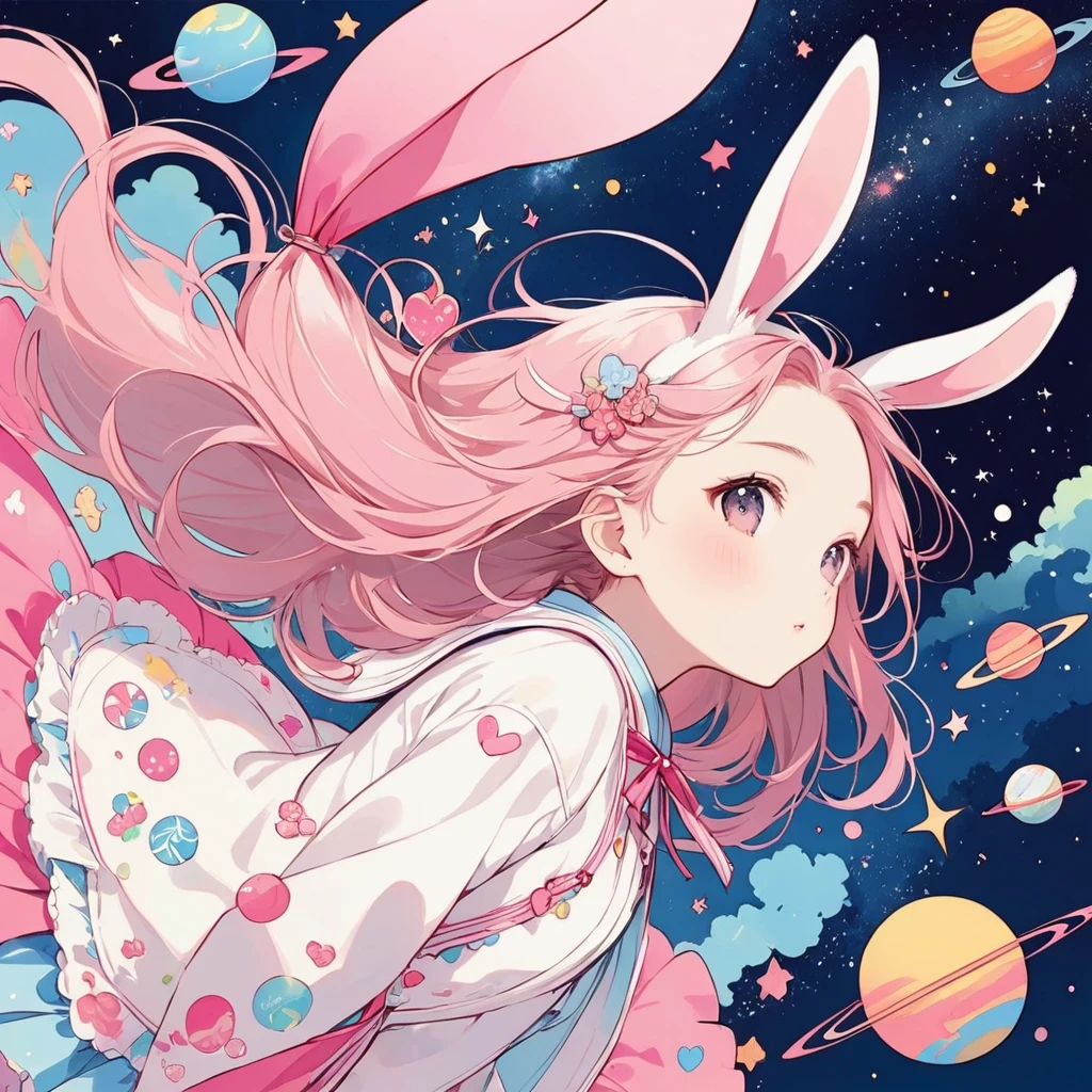 A rabbit Takafu Murakami pop cute Line art The background is space pink Add navy blue